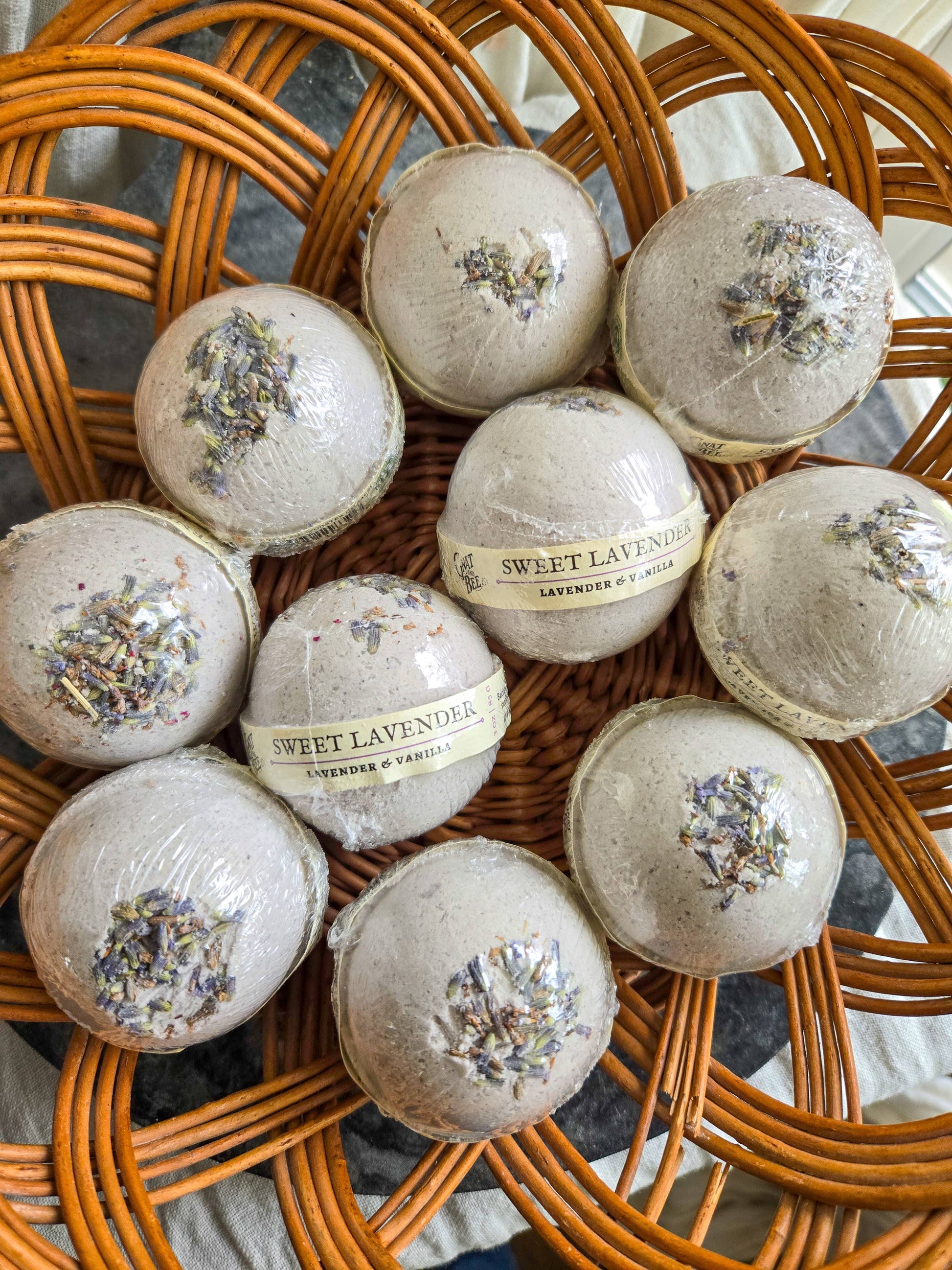 Sweet Lavender Bath Bomb with calming lavender and vanilla scent, ideal for bedtime relaxation and skin nourishment during bath rituals. Packaged.