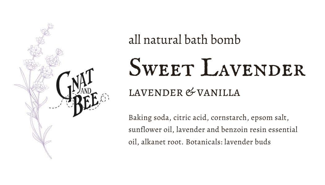 Sweet Lavender Bath Bomb with calming lavender and vanilla scent, ideal for bedtime relaxation and skin nourishment during bath rituals. Ingredients.