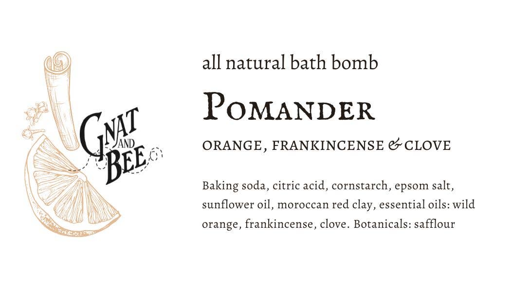 Pomander Bath Bomb, medium size with warm, seasonal scents of wild orange, frankincense, and clove, perfect for grounding and relaxation in bath rituals. Ingredient List.