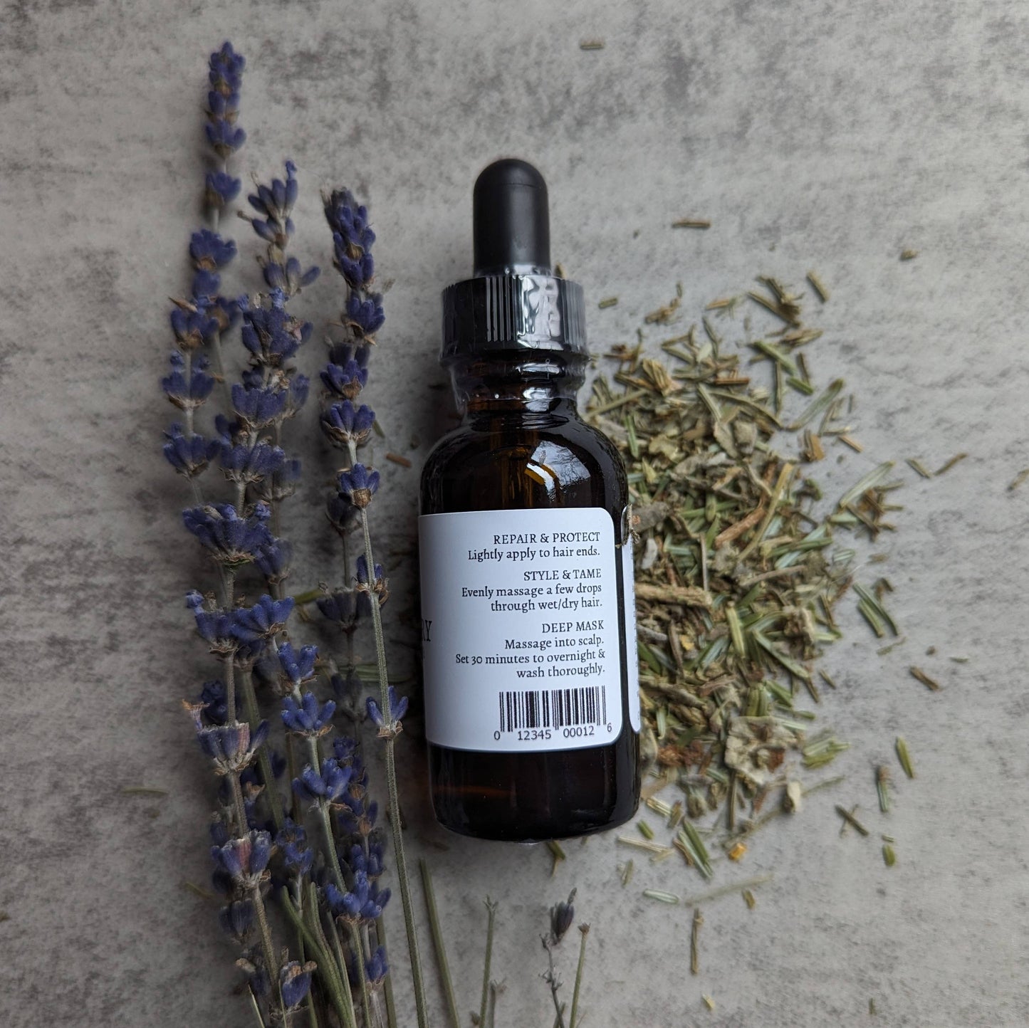 Rosemary and Lavender Hair Serum, Back of Bottle 