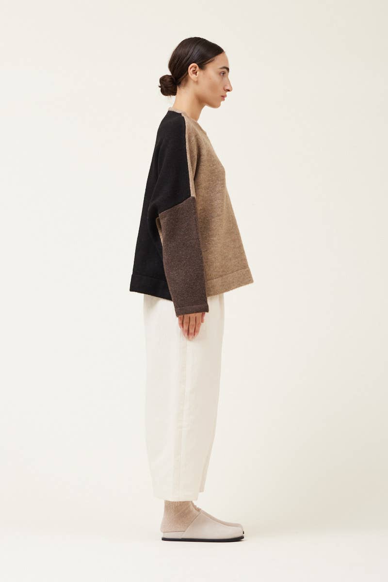 Oversized Color Block Pullover with soft, cozy fabric in contrasting color blocks. Side view. 