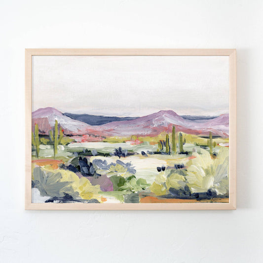 Desert Flora Art Print giclée fine art print on matte canvas paper, featuring an original acrylic painting and artist's signature in the lower corner. Framed.