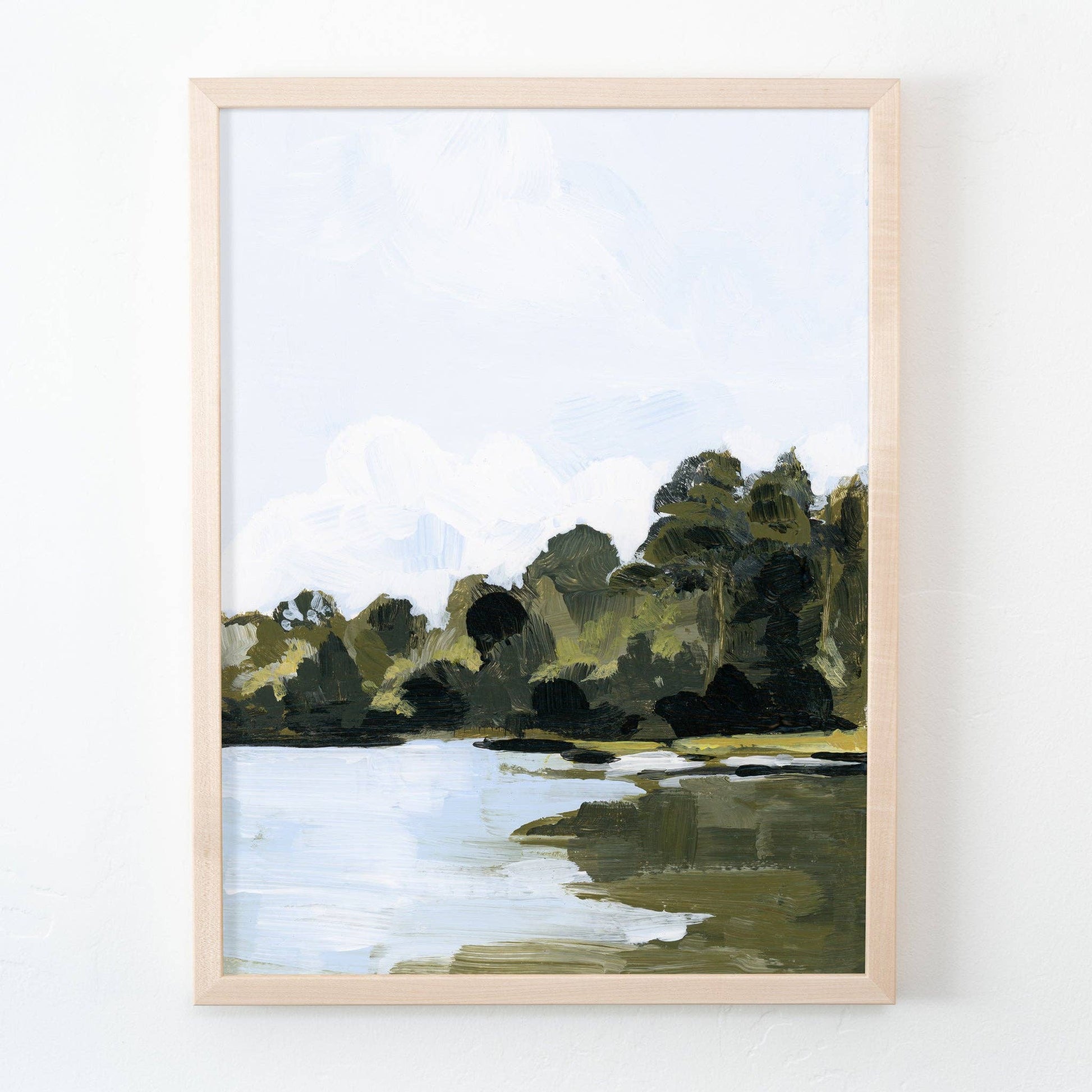 Lake Art Print, giclée fine art print on matte canvas paper, featuring an original acrylic painting and artist's signature in the lower corner, framed.