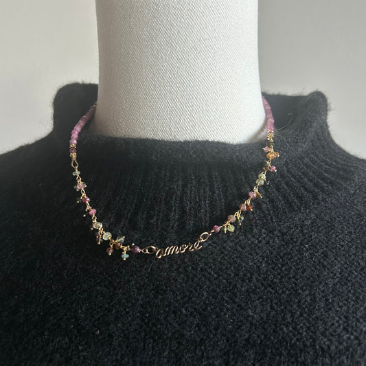 Handmade Amore Necklace by Ellen M Designs. Pink tourmaline, 14k gold-filled chain and charm. Made by a local artist in Pasadena, CA.