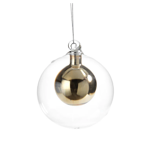 Double Glass Ball Ornament featuring a glossy gold inner ball within a clear glass sphere, 4 inches in diameter, perfect for holiday tree decorations.