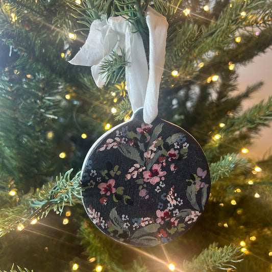 Hand Painted Ornament by Kate Nelson with floral brushstrokes and chiffon ribbon, each unique, and packaged in a linen bag for gifting and storage.