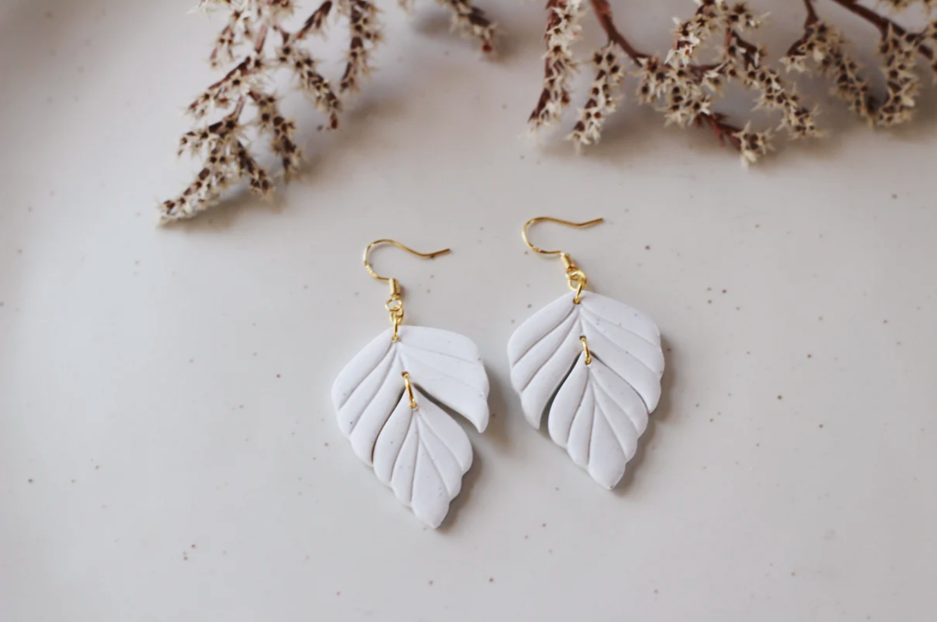 White Speckled Leaf Earrings