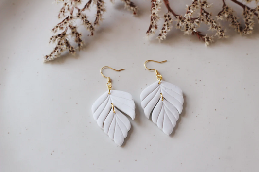 White Speckled Leaf Earrings