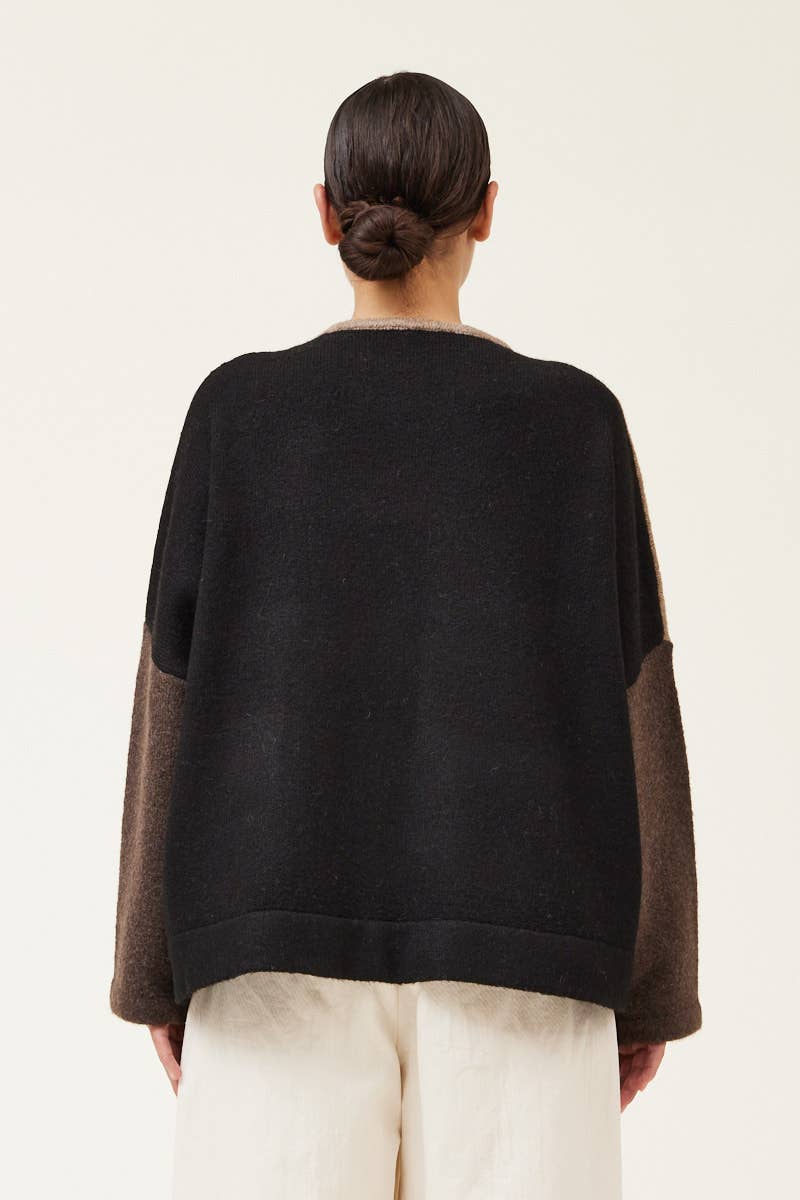 Oversized Color Block Pullover with soft, cozy fabric in contrasting color blocks. Back view. 