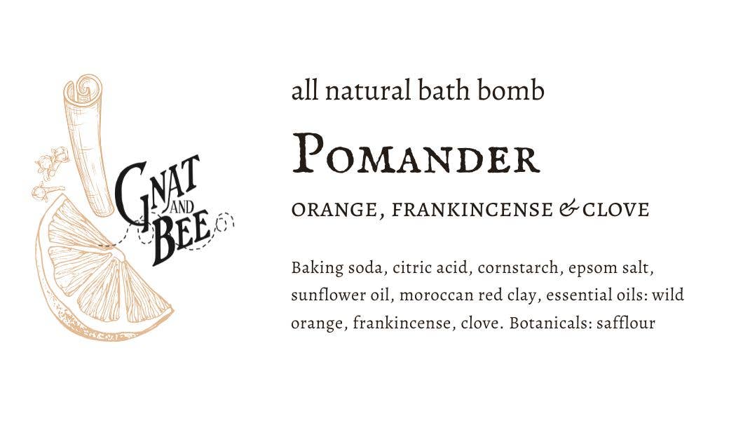 Pomander Bath Bomb, medium size with warm, seasonal scents of wild orange, frankincense, and clove, perfect for grounding and relaxation in bath rituals. Ingredient List. 