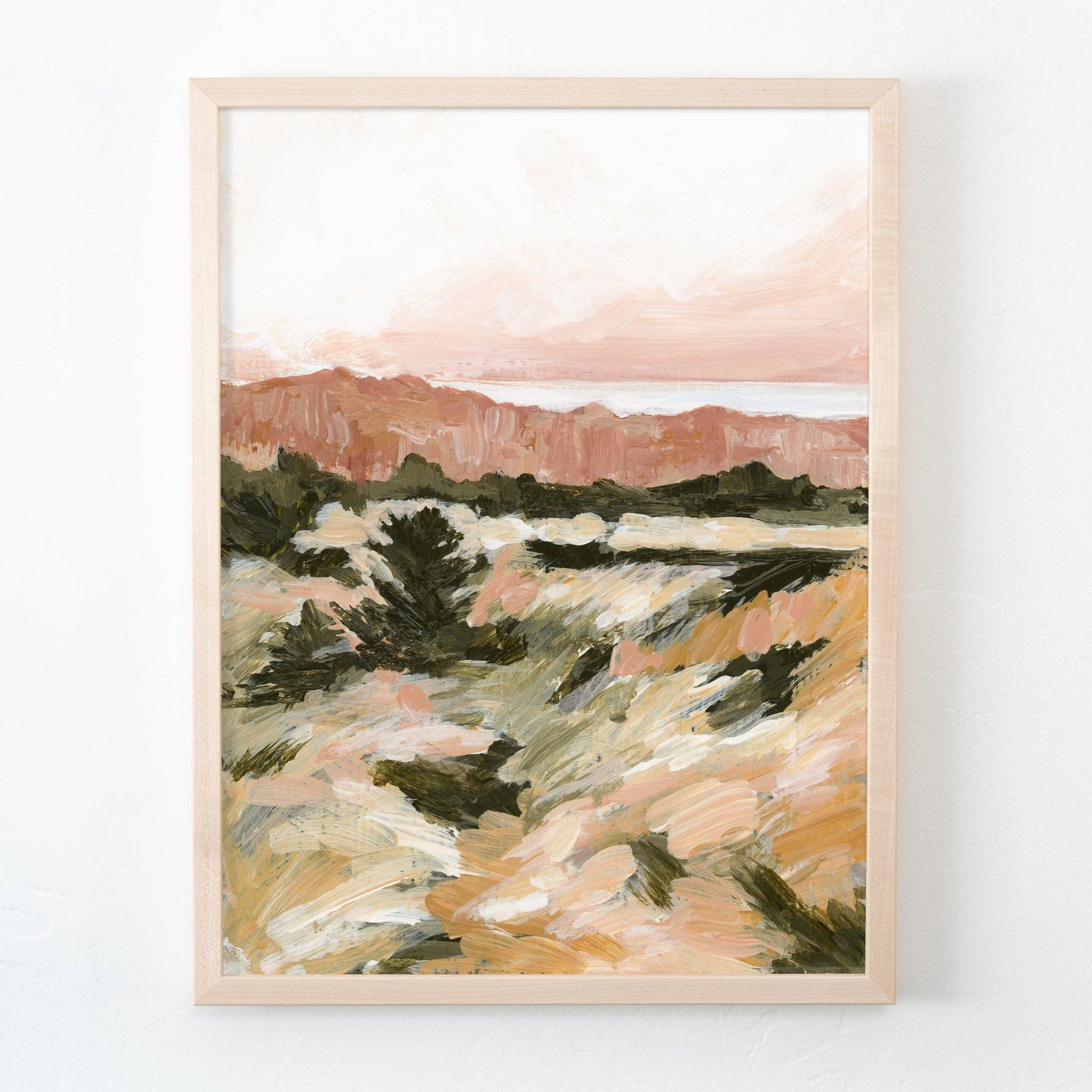 Ochre Coast Art Print giclée fine art print on matte canvas paper, featuring an original acrylic painting and artist's signature in the lower corner. Framed.