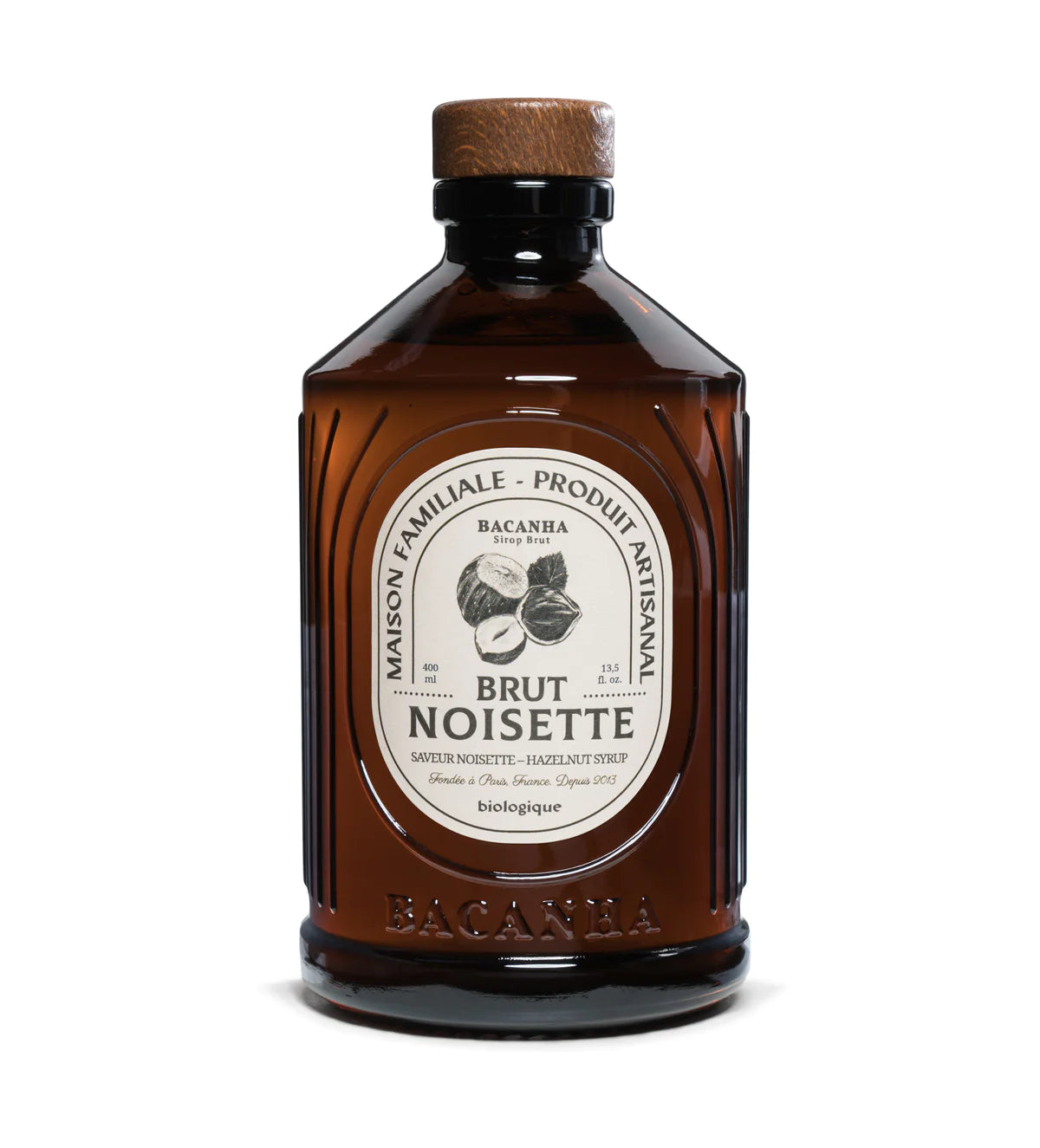 Bottle of Bacanha Organic Hazelnut Syrup, made with pure organic cane sugar and natural hazelnut extracts, perfect for coffee, cocktails, and baking.